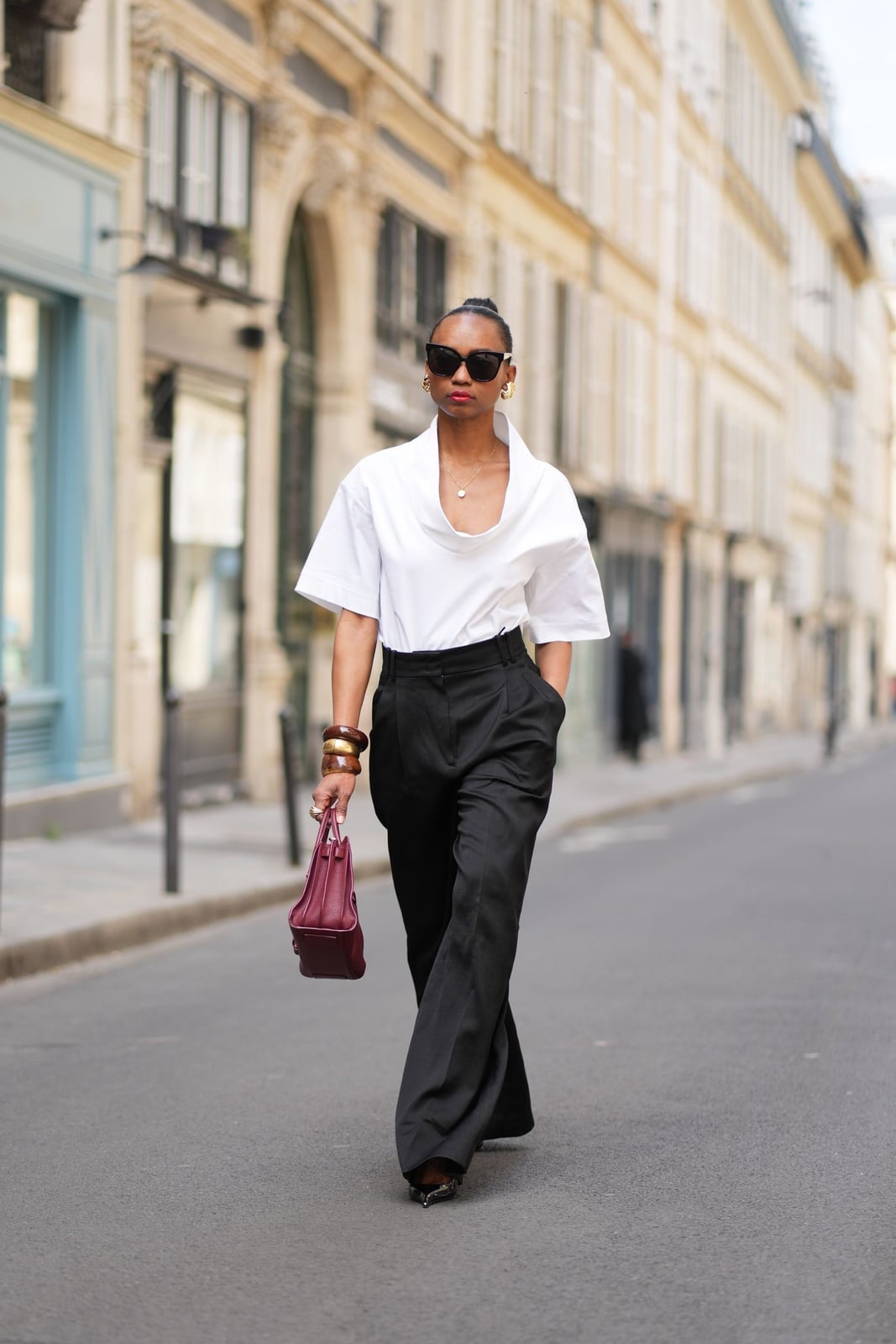 White Cowl Neck Top with Black Wide-Leg Trousers White Cowl Neck Top with Black Wide-Leg Trousers — Simple Court Outfits
