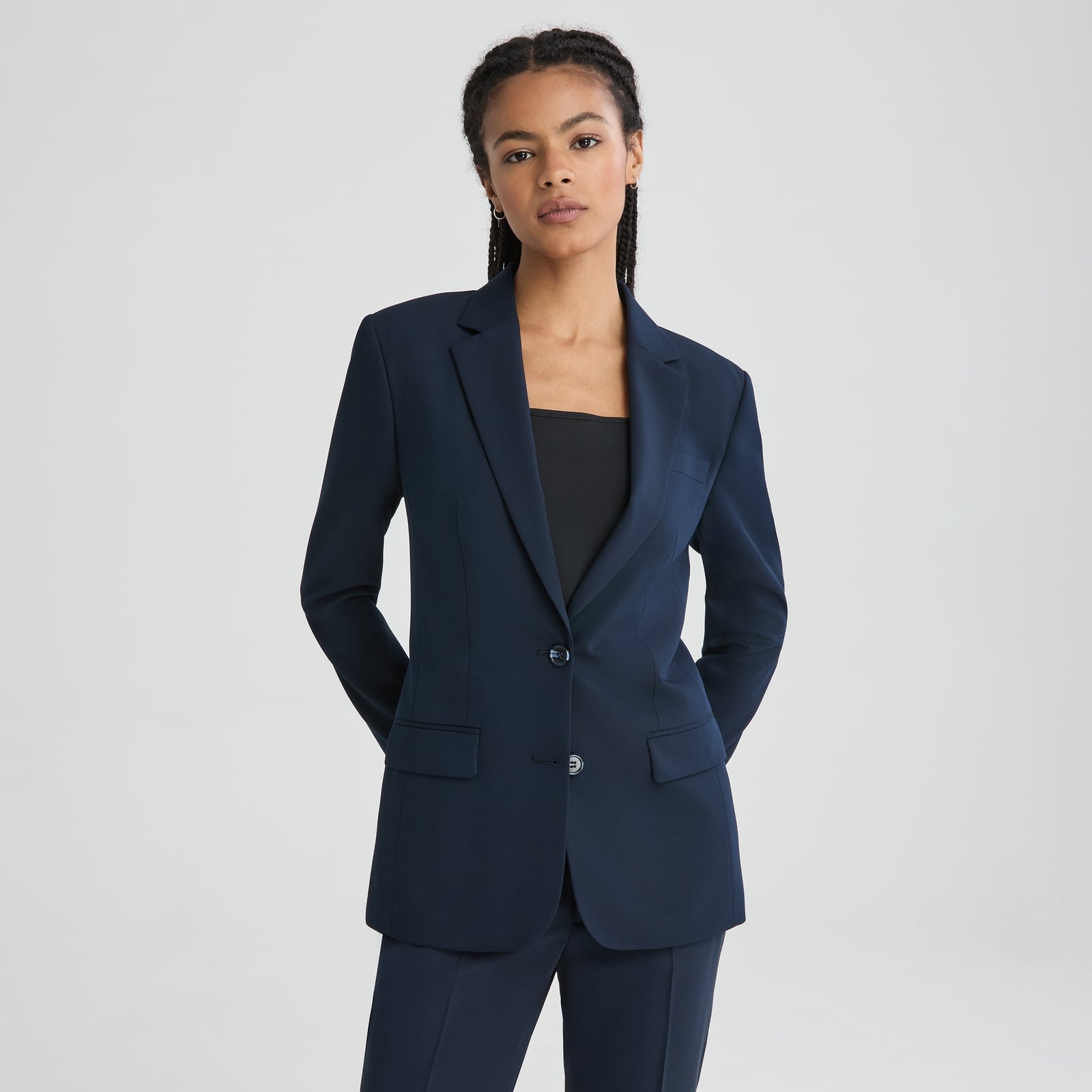 Navy Fitted Blazer with Black Bandeau Top and Trousers Navy Fitted Blazer with Black Bandeau Top and Trousers — Simple Court Outfits