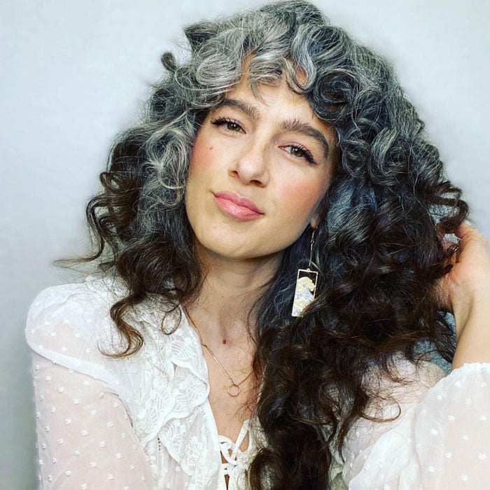 Mid-Back Layers With Gray Streaks — Simple Curly Bangs