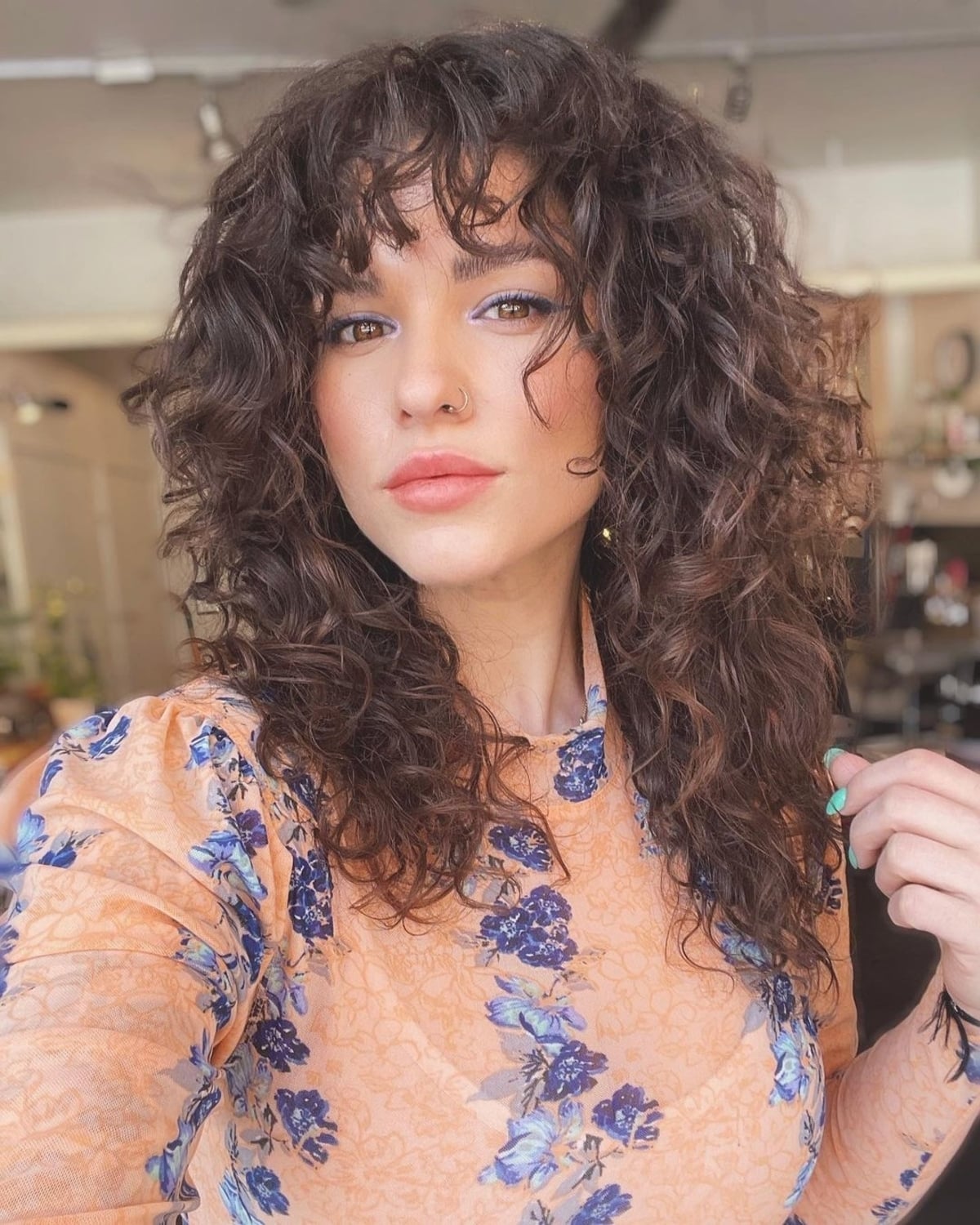 Collarbone Layers With Dense Curly Bangs — Simple Curly Bangs