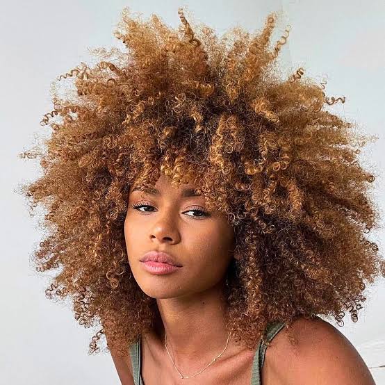 Shoulder Length Honey Blonde Afro With Bangs — Simple Curly Bangs