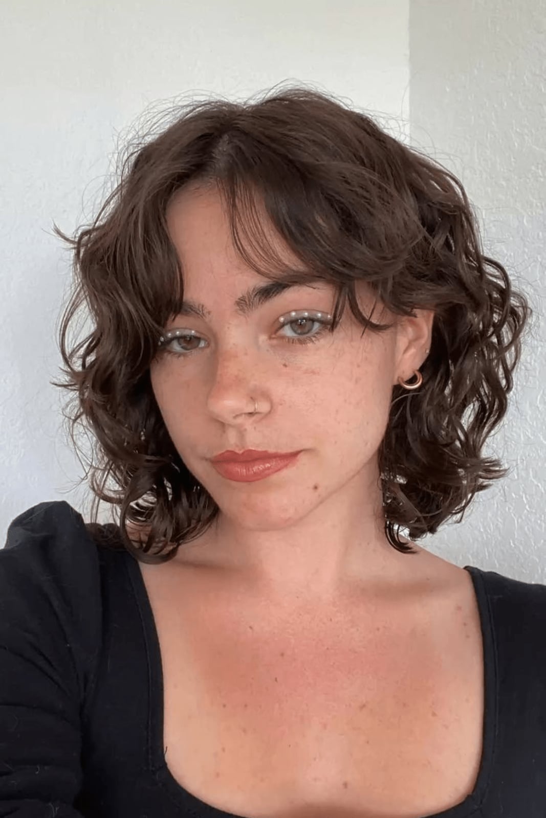 Collarbone Shag With Textured Curtain Bangs, Medium Brown Collarbone Shag With Textured Curtain Bangs, Medium Brown — Simple Curly Shag