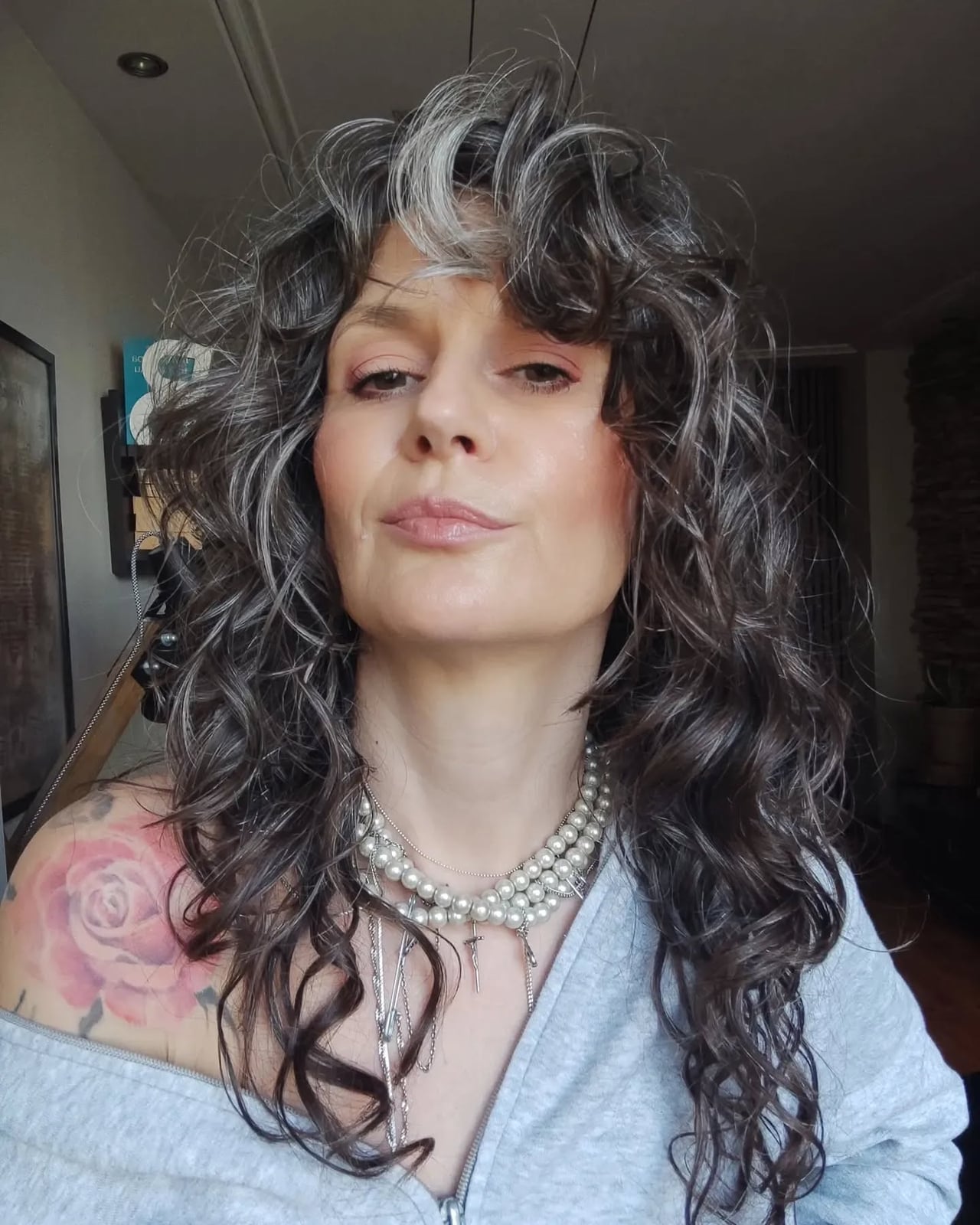 Shoulder Shag With Gray Streaks and Air Dried Shoulder Shag With Gray Streaks and Air Dried — Simple Curly Shag