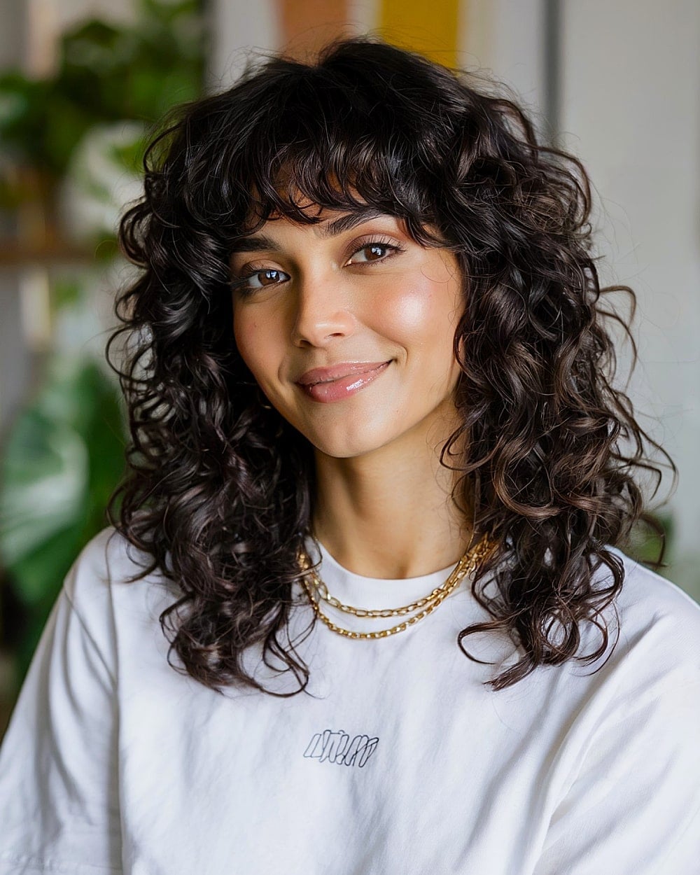 Collarbone Curly Shag With Full Bangs Collarbone Curly Shag With Full Bangs — Simple Curly Shag