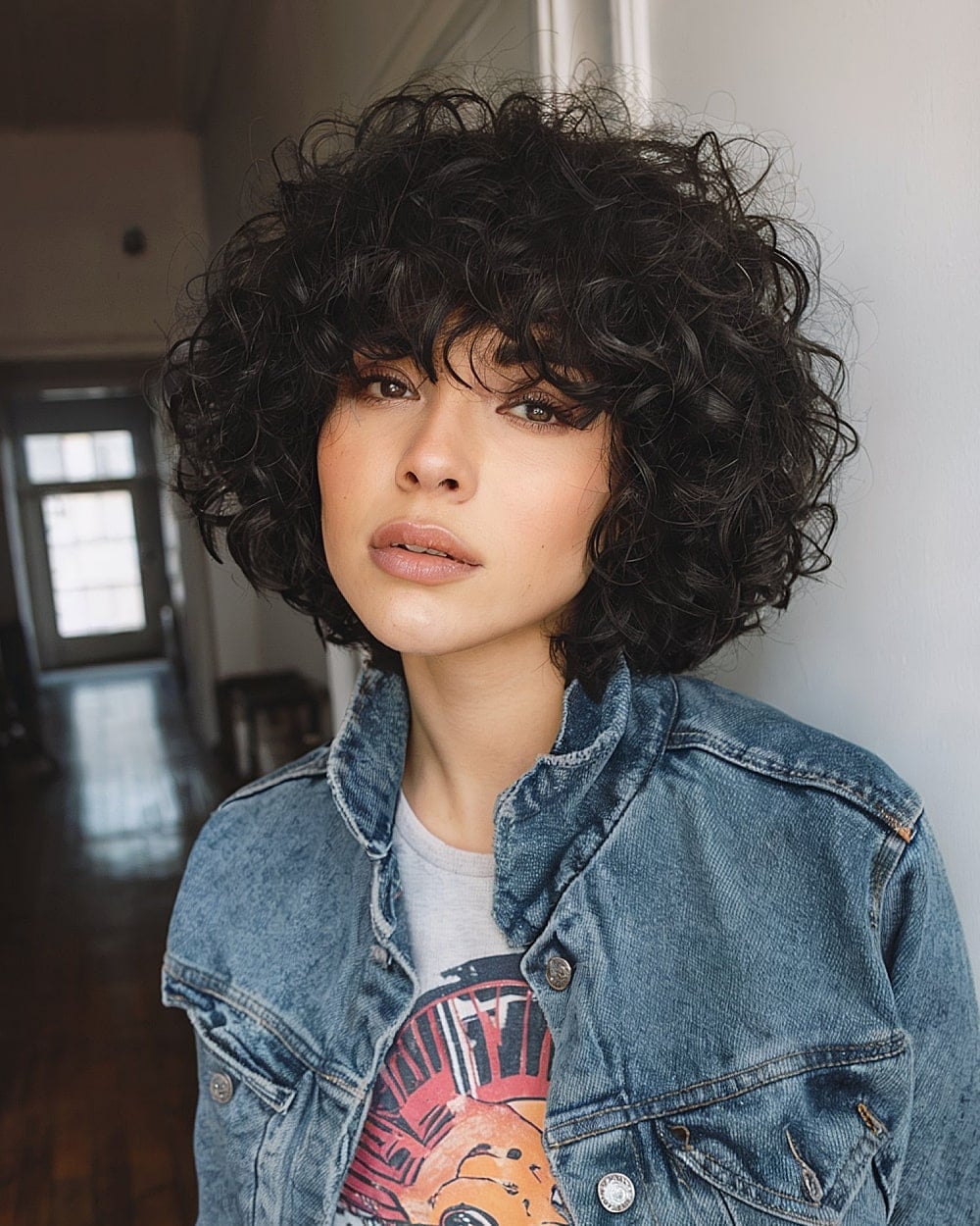 Chin Shag Short Curly Bangs With Dark Brown With Subtle Highlights Chin Shag Short Curly Bangs With Dark Brown With Subtle Highlights — Simple Curly Shag