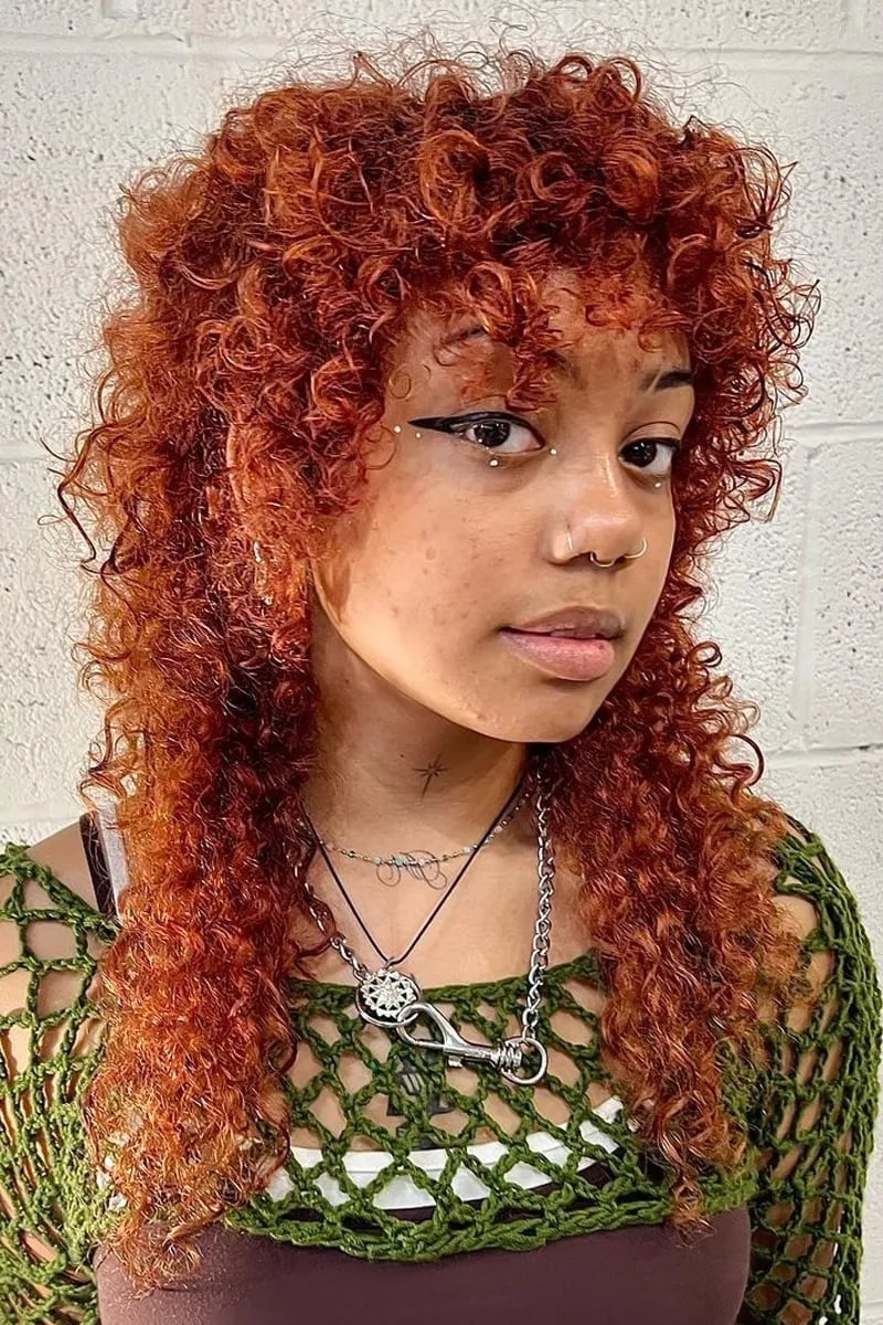 Mid-Back Fiery Red Shag Choppy Bangs Mid-Back Fiery Red Shag Choppy Bangs — Simple Curly Shag