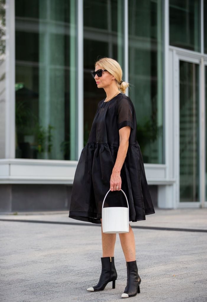 Black Babydoll Dress with White Toe Cap Boots — Simple Dress and Boots