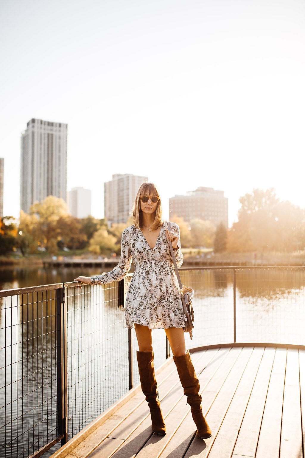 Floral Print Mini Dress with Brown Suede Boots — Simple Dress and Boots