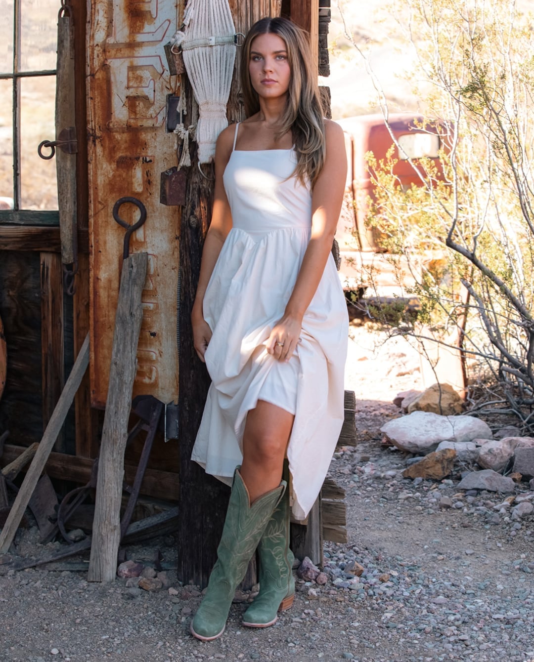 White Midi Dress with Green Cowboy Boots — Simple Dress and Boots