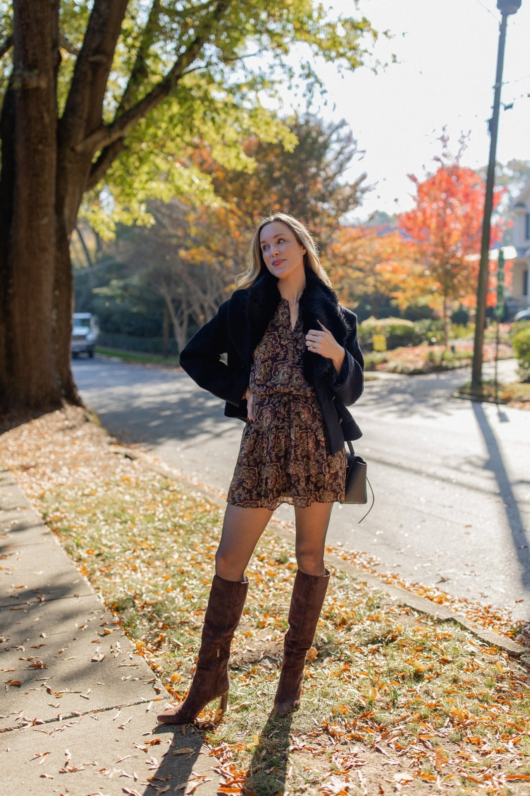 Paisley Print Mini Dress with Suede Knee-High Boots — Simple Dress and Boots