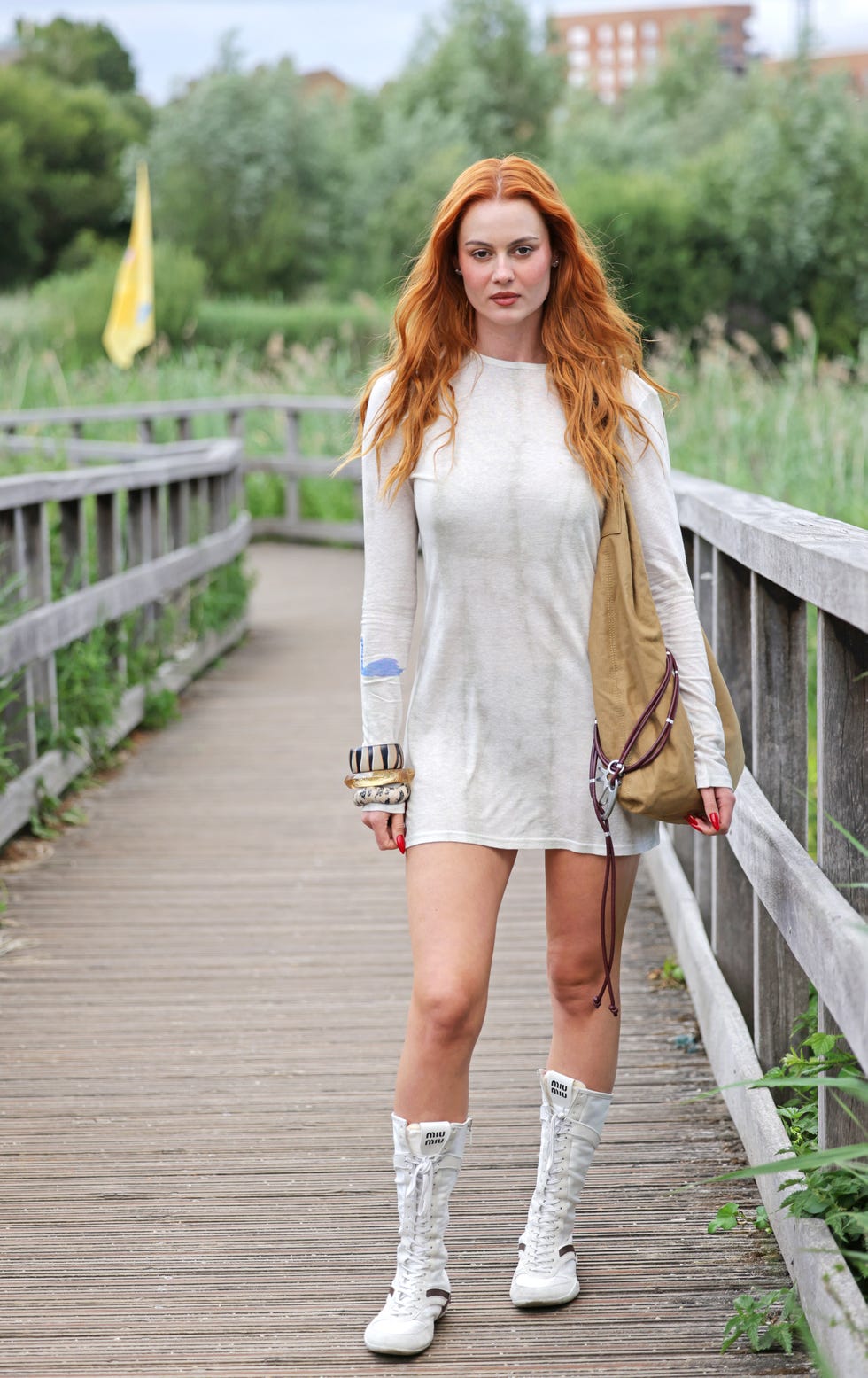 White Mini Dress with White Lace-Up Boots — Simple Dress and Boots