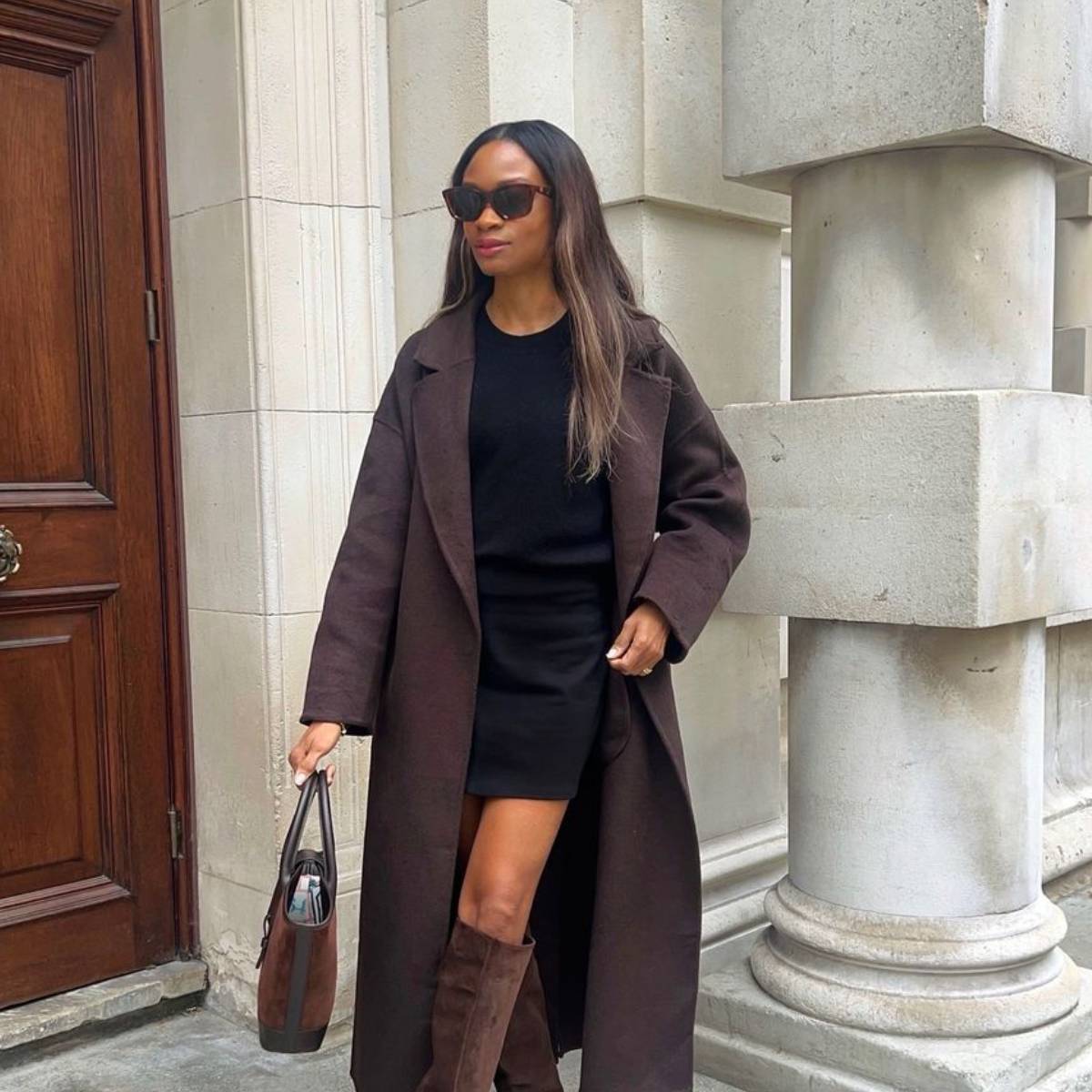 Black Mini Dress with Brown Coat and Knee-High Boots — Simple Dress and Boots