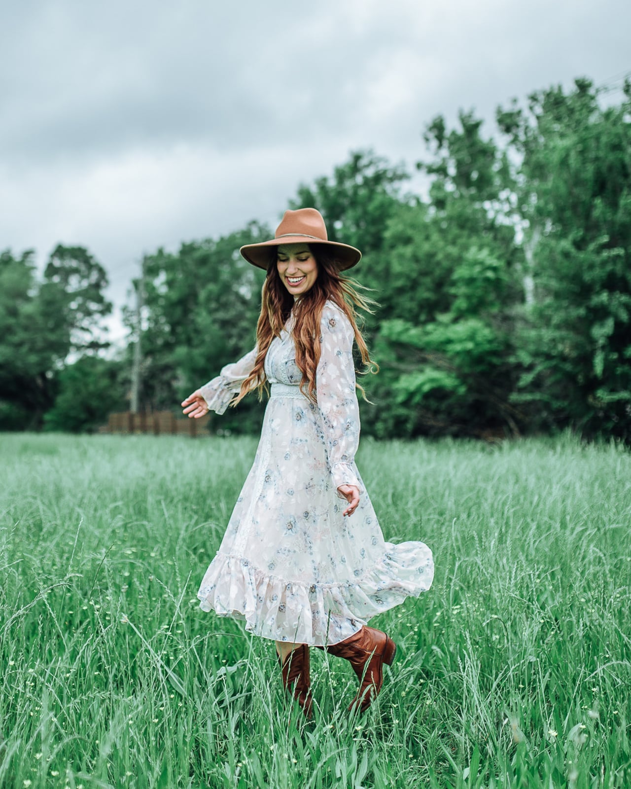 Floral Prairie Dress with Brown Cowboy Boots — Simple Dress and Boots