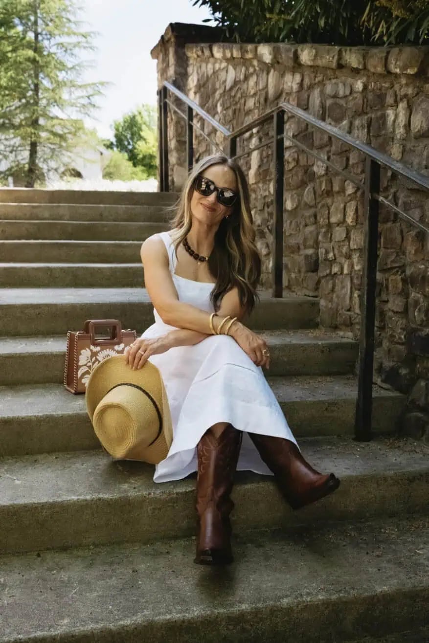White Linen Midi Dress with Brown Cowboy Boots — Simple Dress and Boots