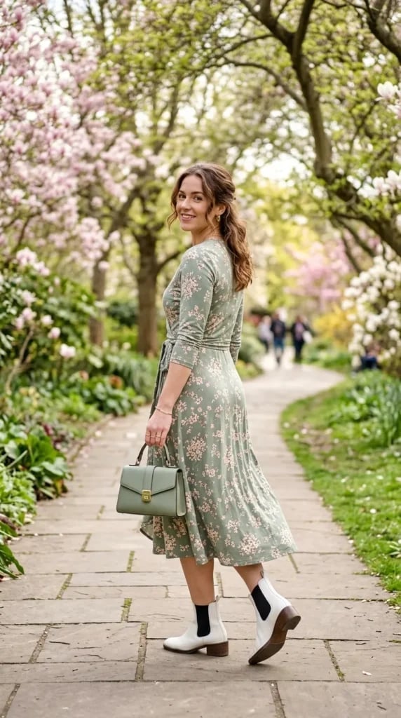 Green Floral Midi Dress with White Ankle Boots — Simple Dress and Boots