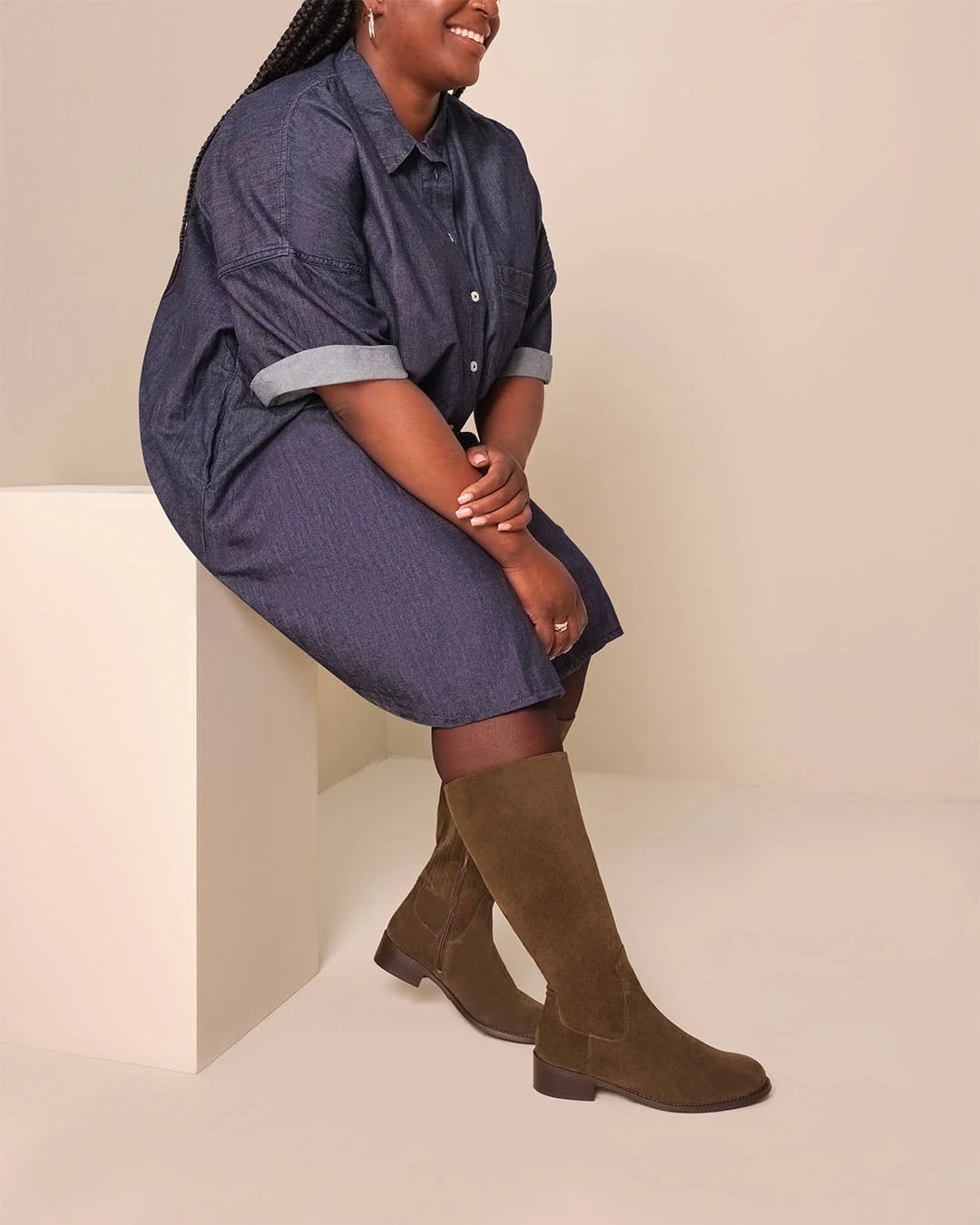Dark Blue Denim Shirt Dress with Suede Knee-High Boots — Simple Dress and Boots