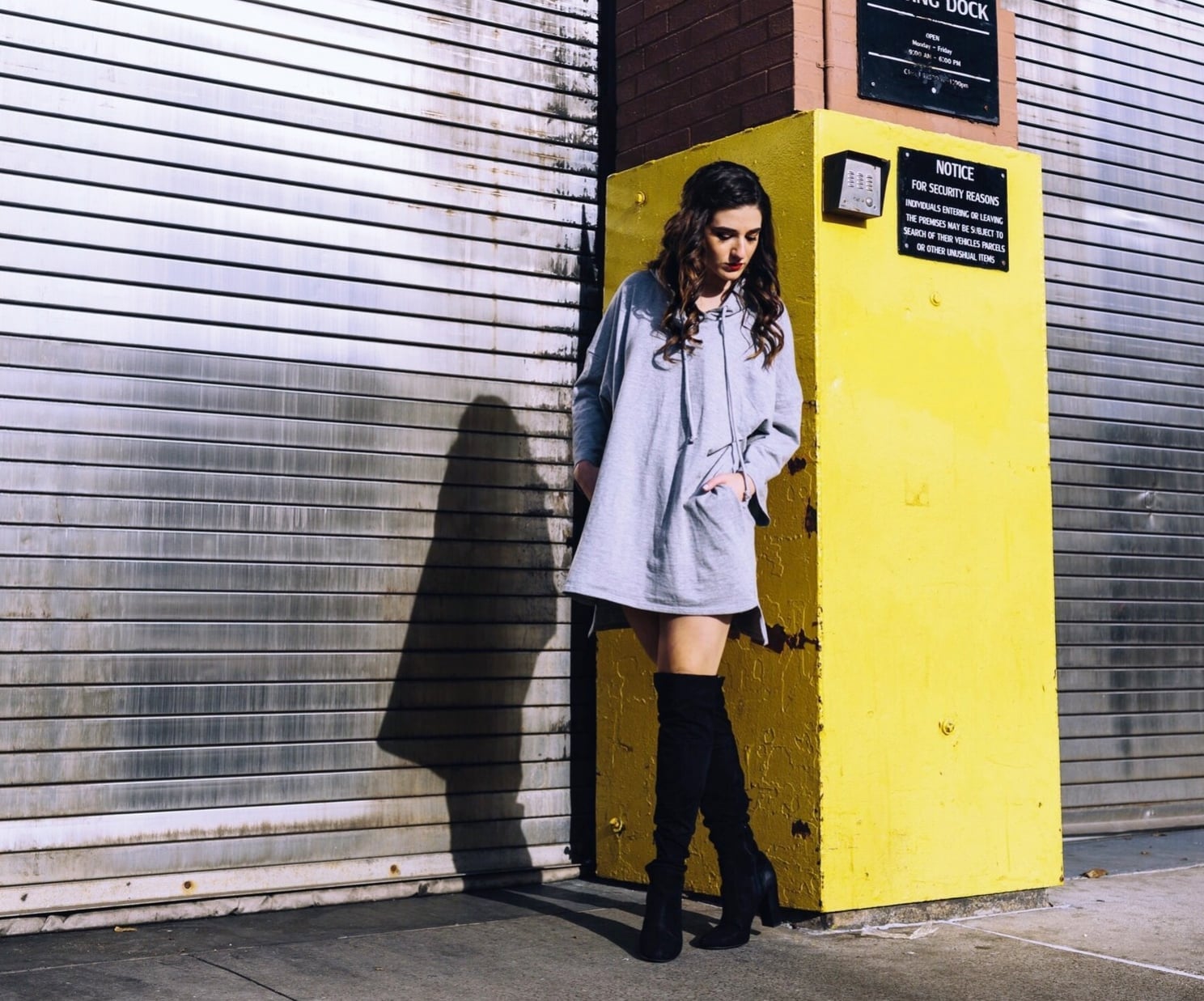 Gray Sweatshirt Dress with Black Over-The-Knee Boots — Simple Dress and Boots