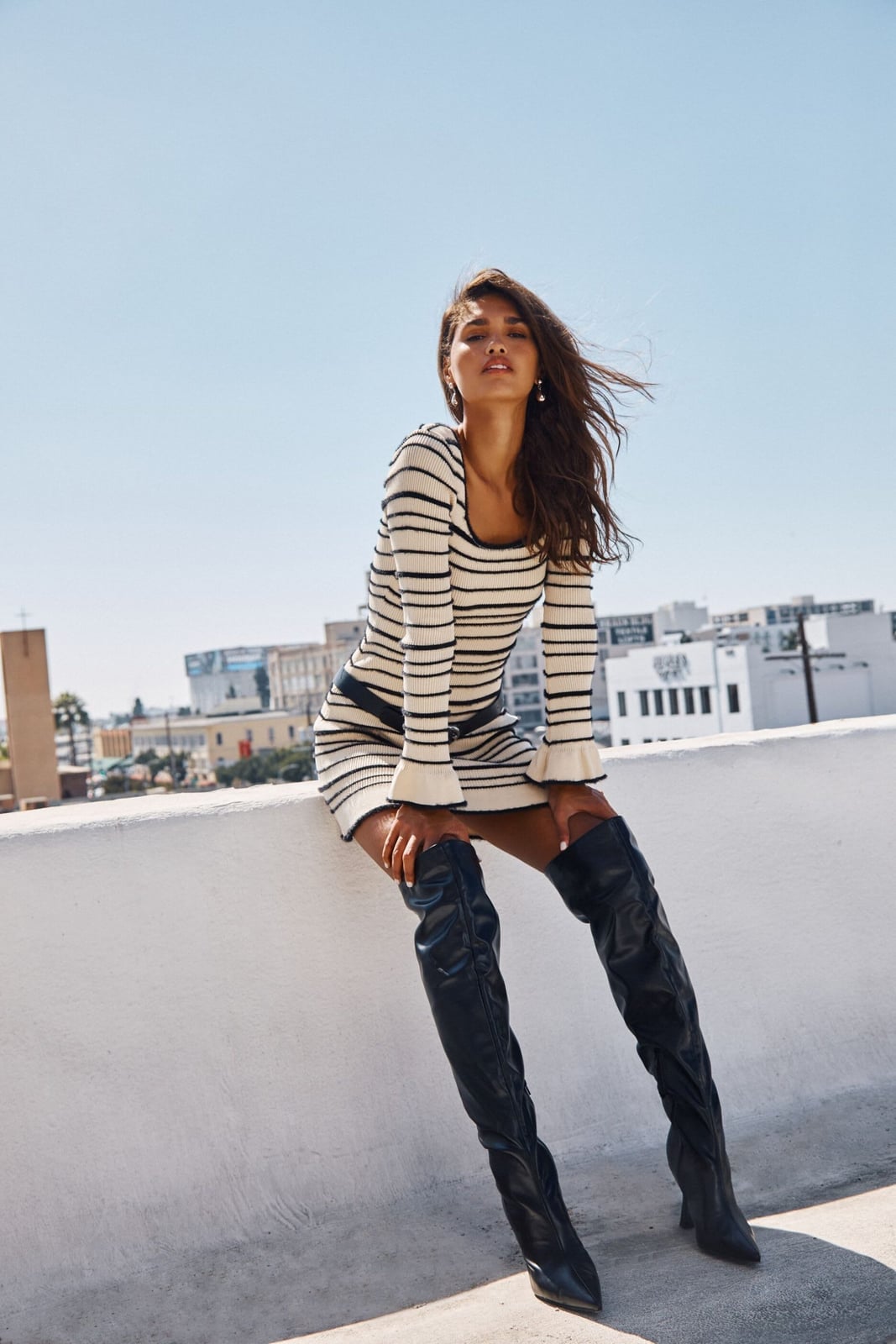 Striped Mini Dress with Black Knee-High Boots — Simple Dress and Boots