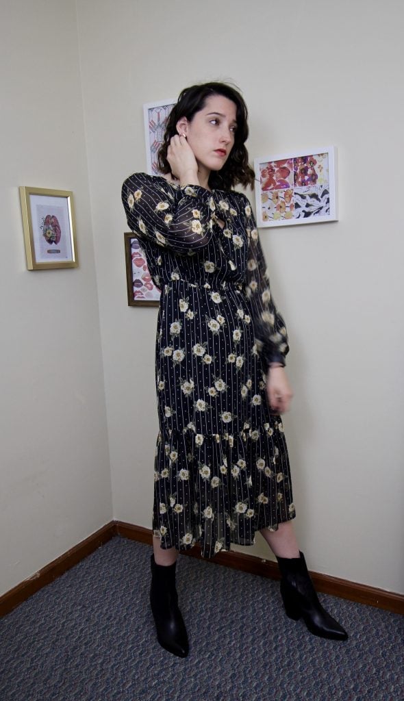 Black Floral Midi Dress with Pointed Ankle Boots — Simple Dress and Boots