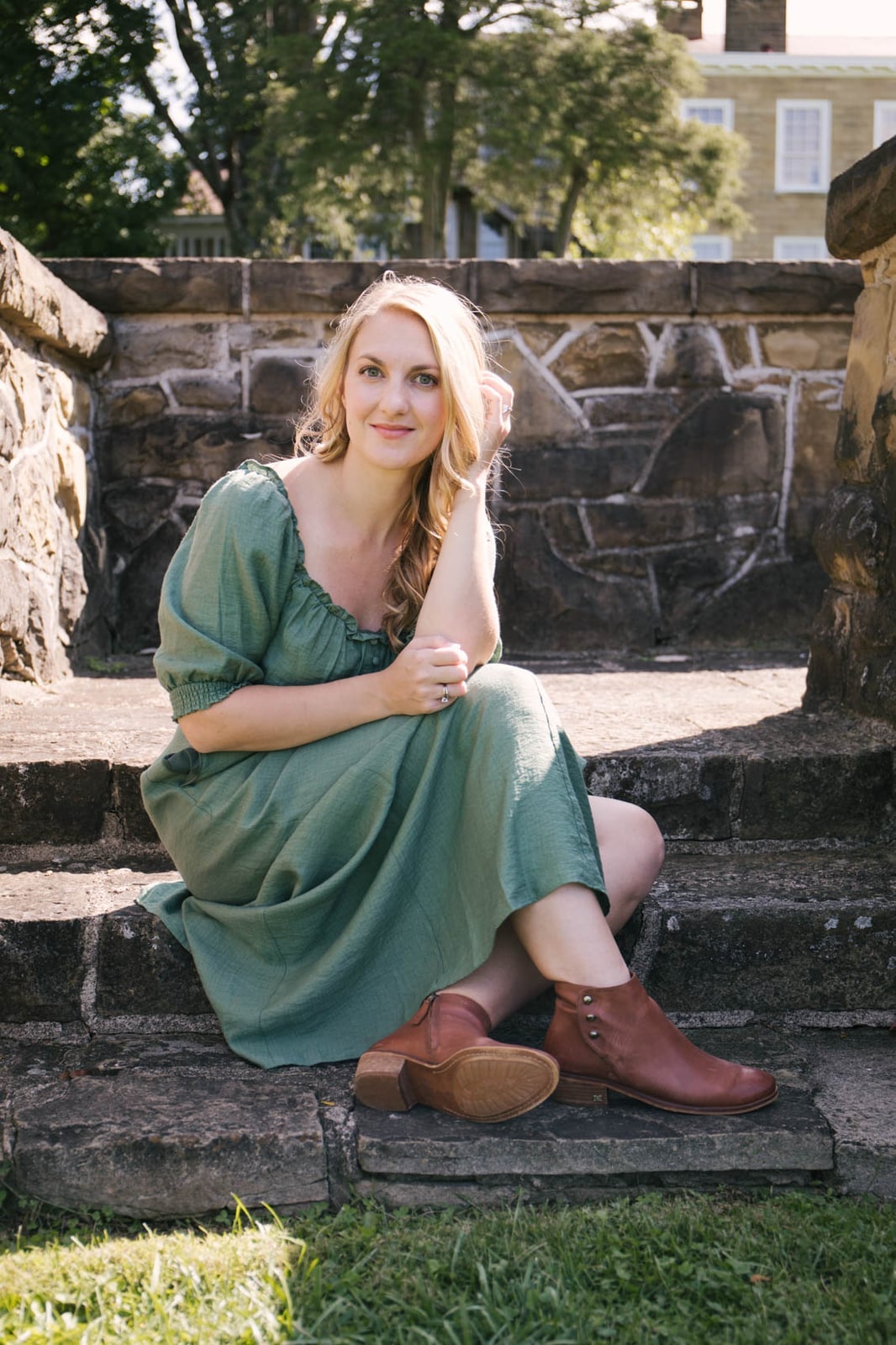 Olive Green Midi Dress with Brown Leather Ankle Boots — Simple Dress and Boots