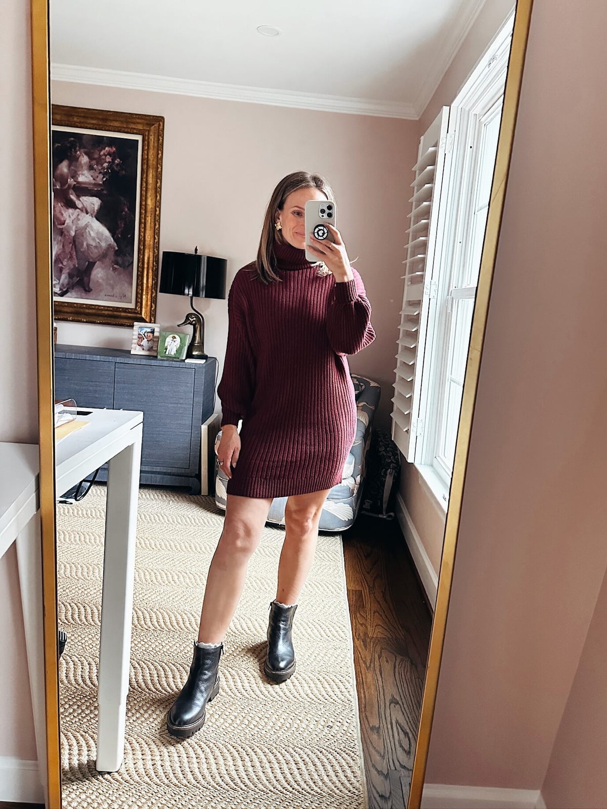 Burgundy Knit Mini Dress with Chunky Sole Boots — Simple Dress and Boots