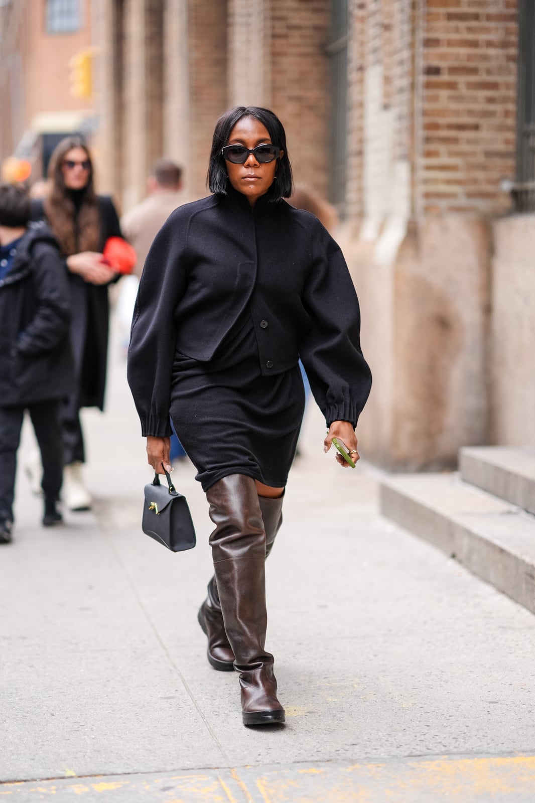 Black Dress with Voluminous Jacket and Brown Boots — Simple Dress and Boots