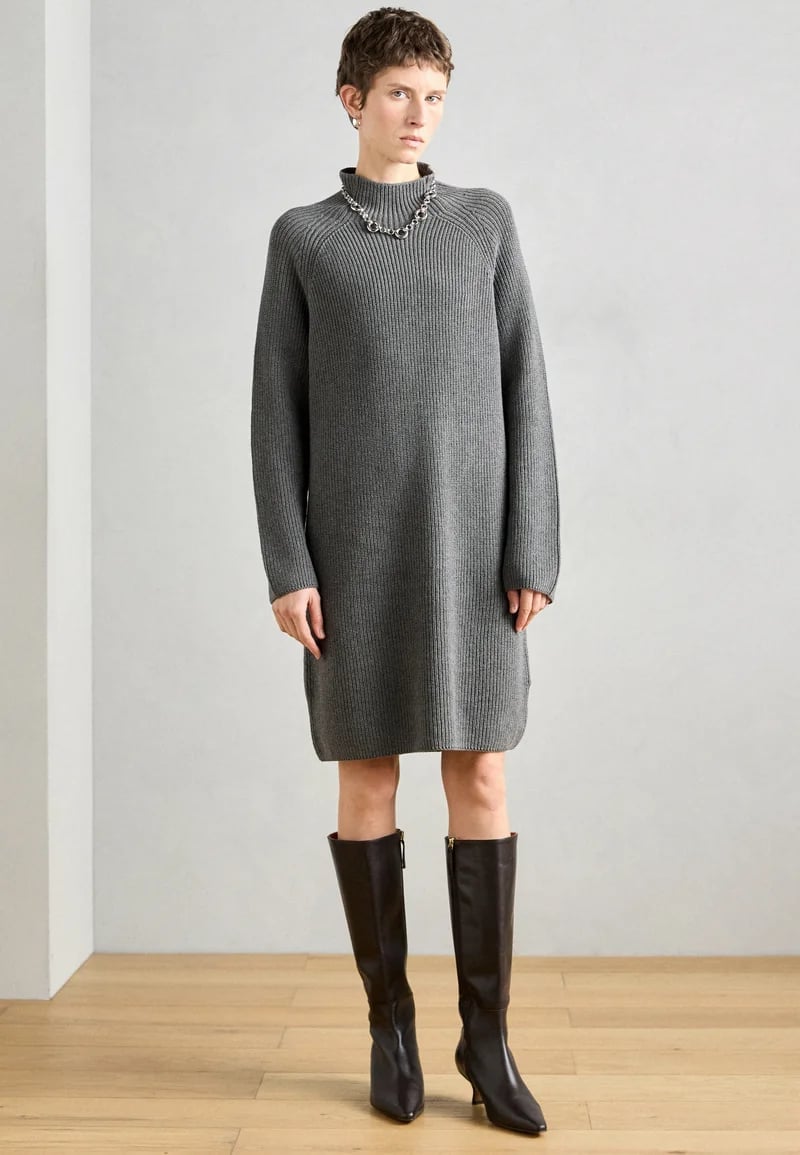 Gray Knit Dress and Dark Brown Leather Boots — Simple Dress and Boots