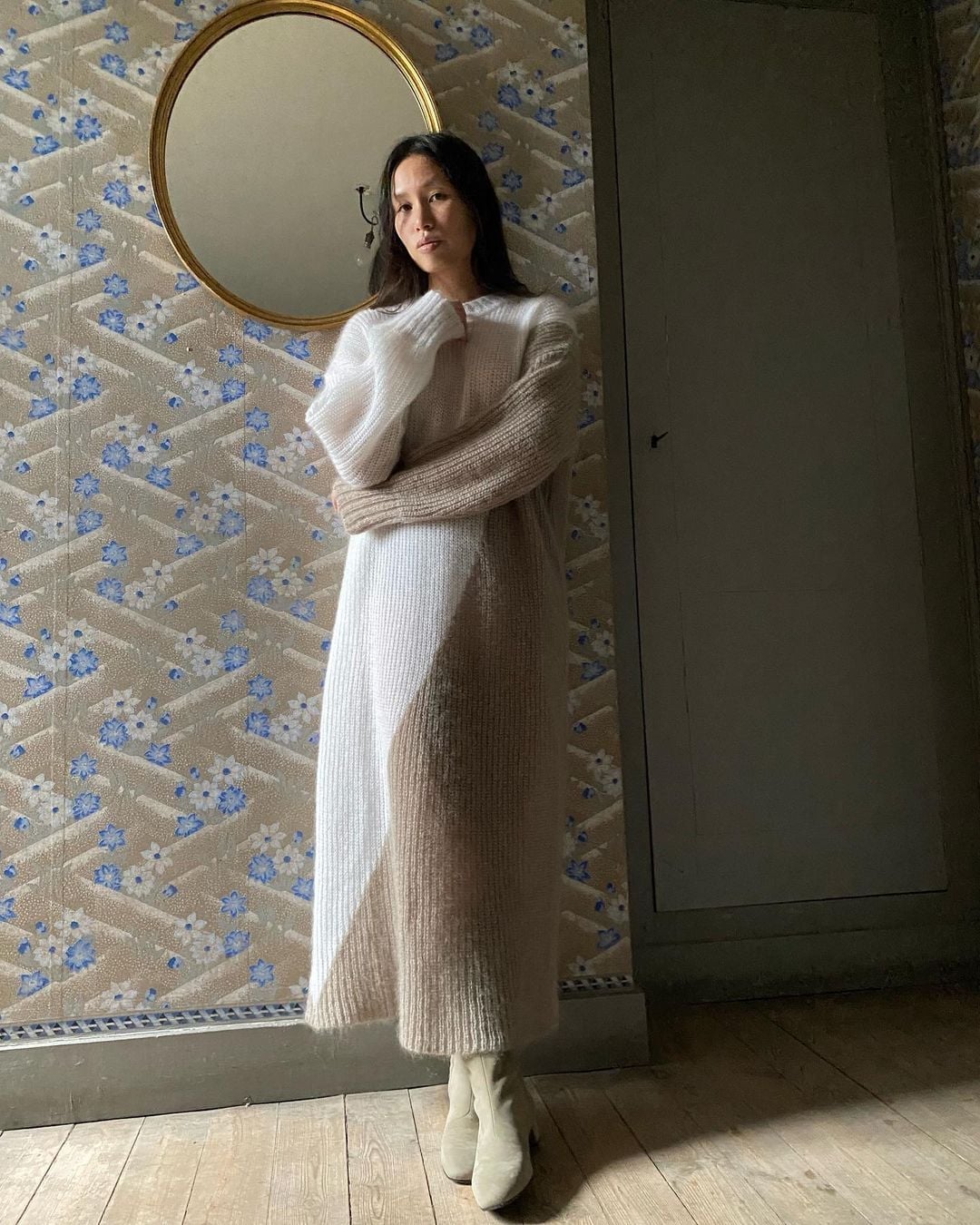 Two-tone Knit Dress with Light Beige Ankle Boots — Simple Dress and Boots