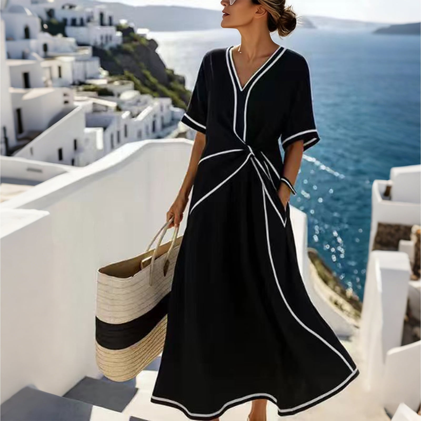 TIMIFIS Black Women Summer Maxi Dresses Faux Wrap Spring Flowy Dress V Neck Short Sleeve Going Out Holiday Vacation Fashion Outfit Solid Color Lightweight Casual Long Modest Dresses - Walmart.ca
