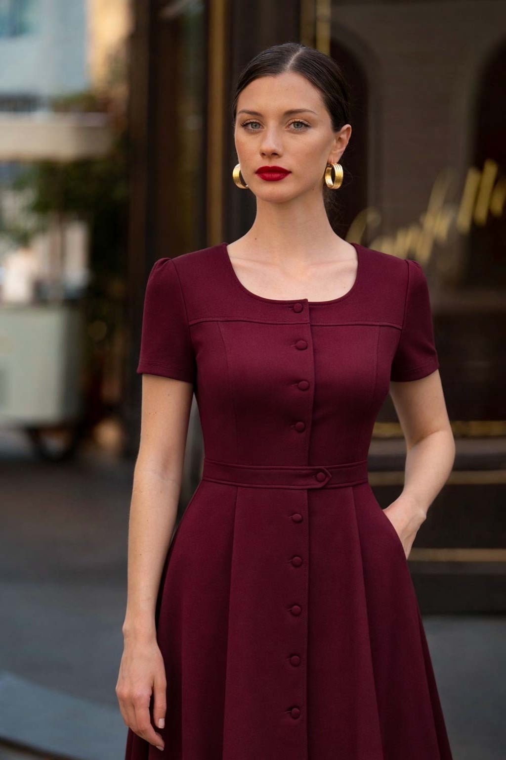 Burgundy Short Sleeve Button-Front Dress Burgundy Short Sleeve Button-Front Dress — Simple Dresses to Wear