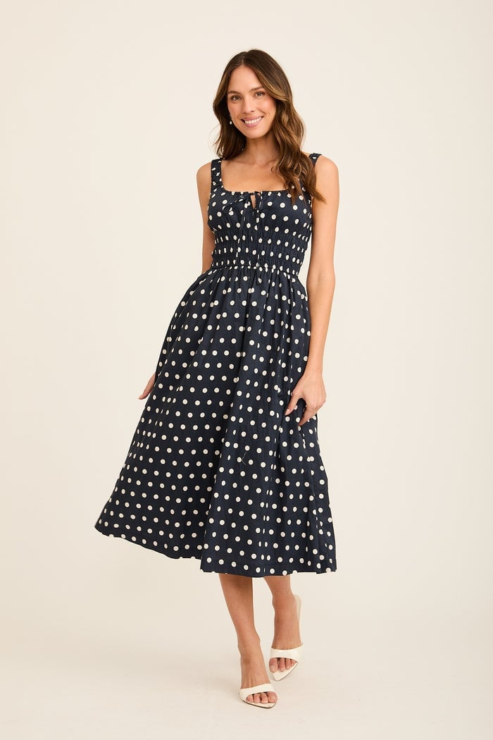 Navy White Polka Dot Midi Dress With Smocked Bodice Navy White Polka Dot Midi Dress With Smocked Bodice — Simple Dresses to Wear