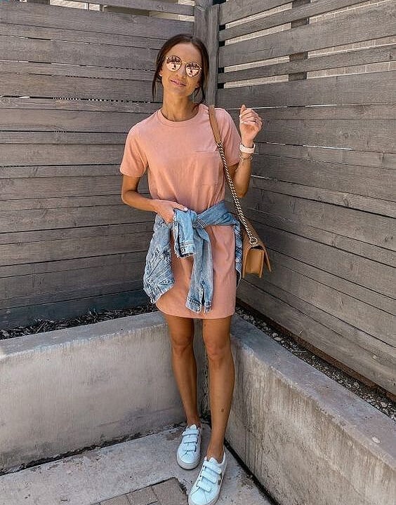 Peach Short Sleeve T-Shirt Dress With Denim Jacket Peach Short Sleeve T-Shirt Dress With Denim Jacket — Simple Dresses to Wear