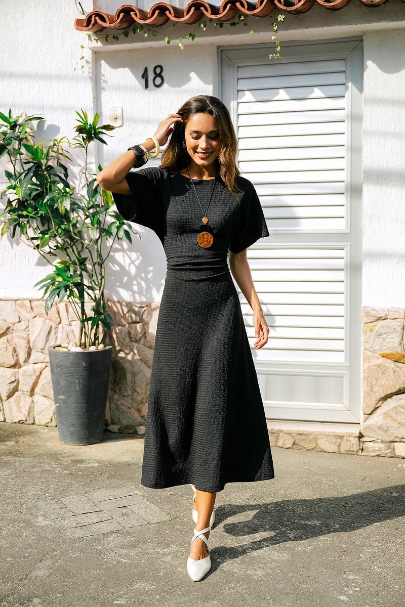 Textured Black Midi Dress With Flutter Sleeves Textured Black Midi Dress With Flutter Sleeves — Simple Dresses to Wear