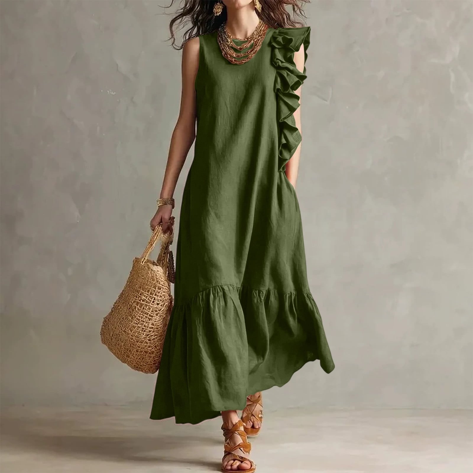 Olive Green Linen Maxi Dress With Ruffled Shoulders Olive Green Linen Maxi Dress With Ruffled Shoulders — Simple Dresses to Wear