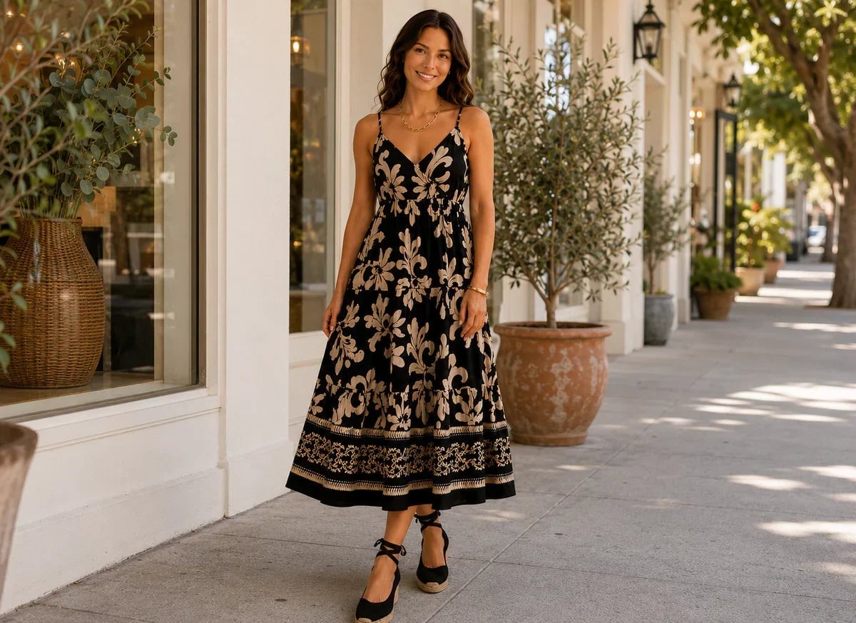 Black Beige Floral Print Tiered Midi Dress Black Beige Floral Print Tiered Midi Dress — Simple Dresses to Wear