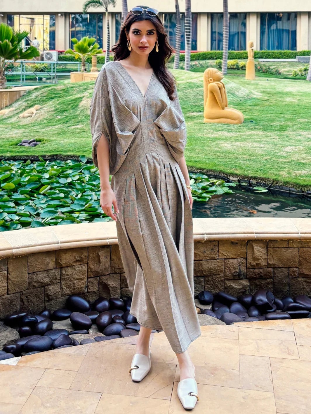 Beige Brown Plaid Midi Dress With Draped Bodice Beige Brown Plaid Midi Dress With Draped Bodice — Simple Dresses to Wear