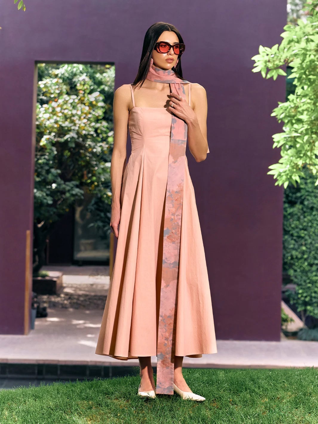 Pale Peach Pleated Midi Dress With Spaghetti Straps Pale Peach Pleated Midi Dress With Spaghetti Straps — Simple Dresses to Wear