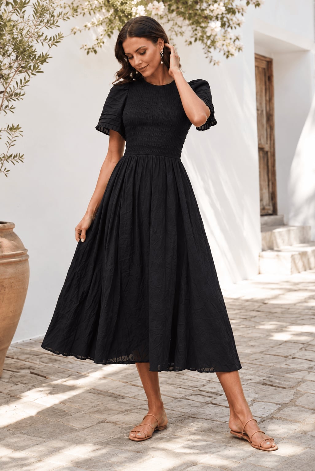 Black Crinkled Cotton Puff Sleeve Midi Dress Black Crinkled Cotton Puff Sleeve Midi Dress — Simple Dresses to Wear