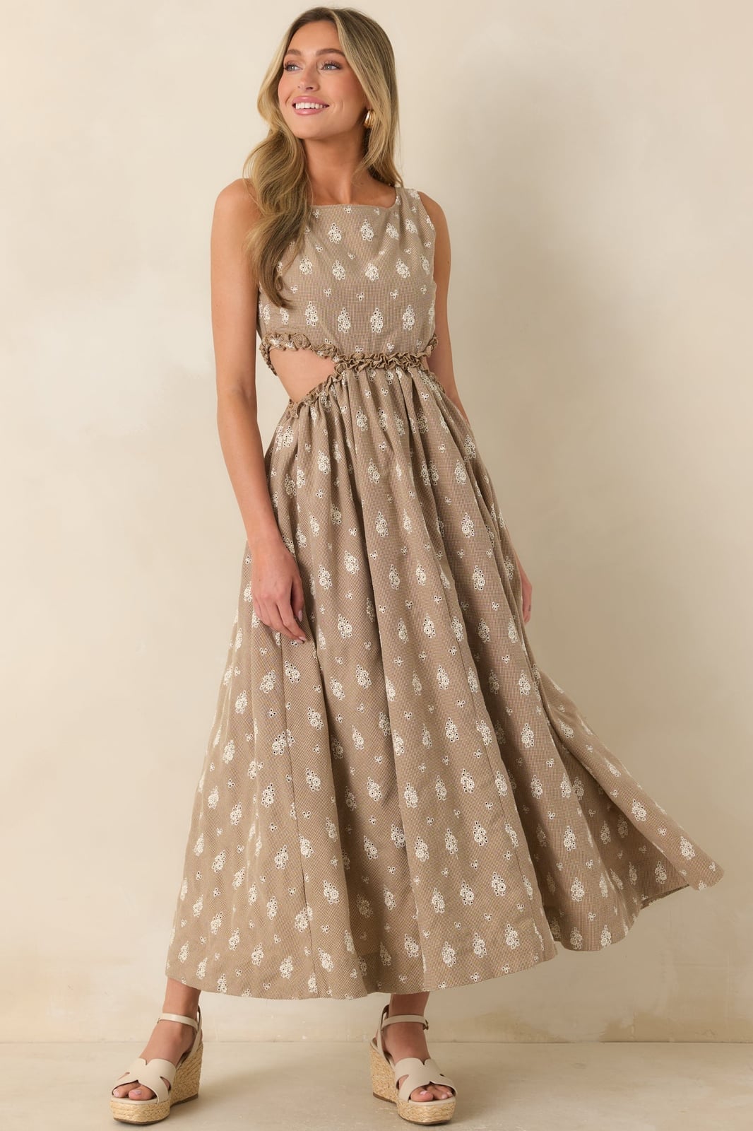 Beige Sleeveless Midi Dress With Waist Cut-Outs, A-Line Beige Sleeveless Midi Dress With Waist Cut-Outs, A-Line — Simple Dresses to Wear