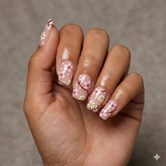 Medium Almond Sheer Nude with Pink and White Flowers, миндаль Medium Almond Sheer Nude with Pink and White Flowers, миндаль — Simple Floral Nails