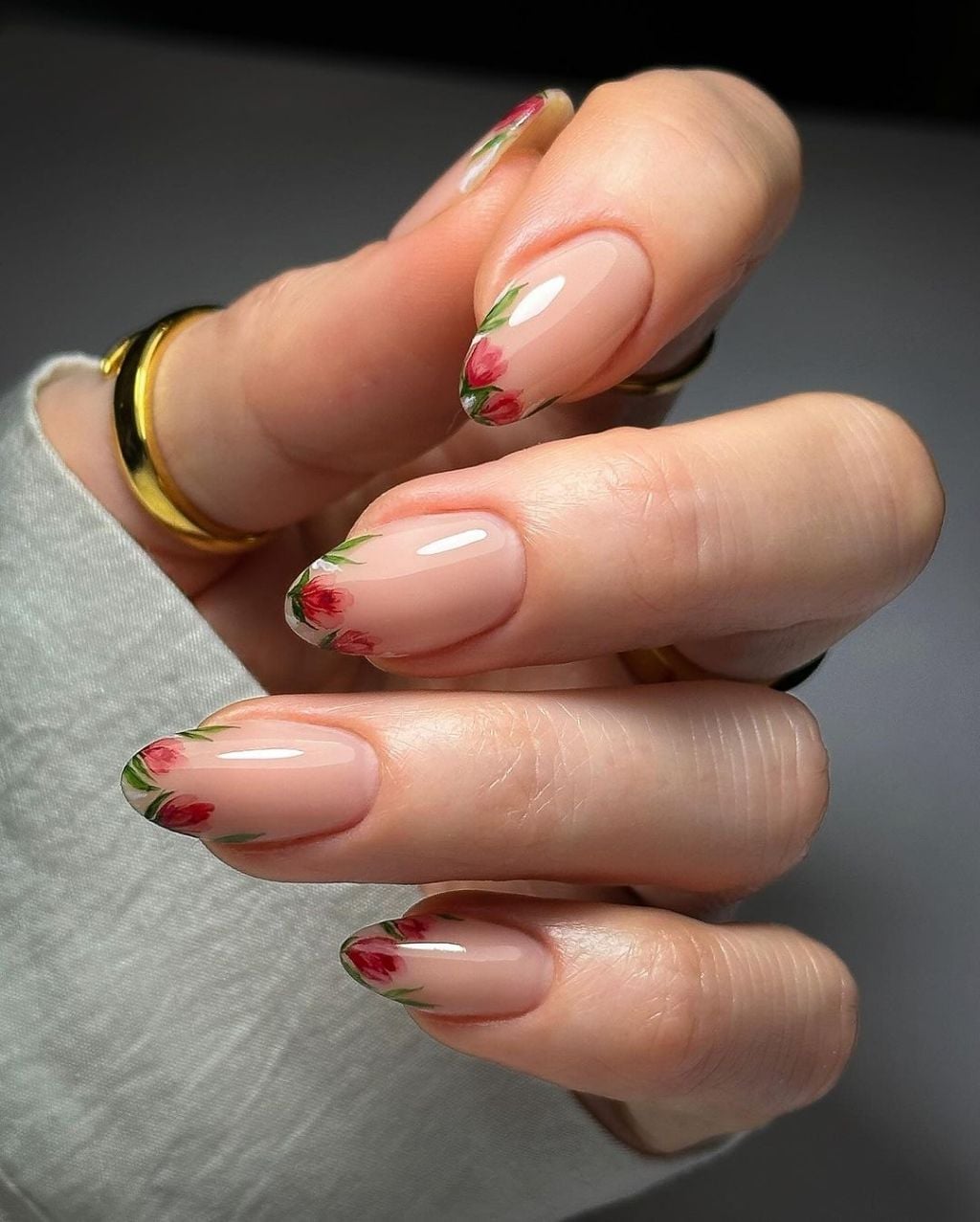 Medium Almond Sheer Nude Floral French Tip Accents Medium Almond Sheer Nude Floral French Tip Accents — Simple Floral Nails