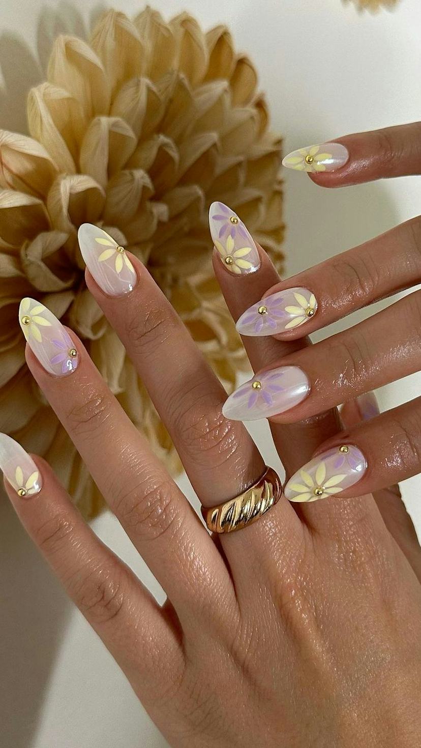 Long Stiletto Milky White with Translucent Florals Long Stiletto Milky White with Translucent Florals — Simple Floral Nails