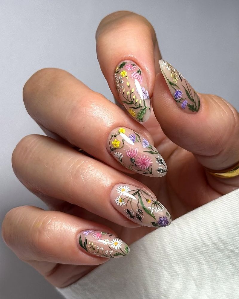 Medium Almond Sheer Nude Nails with Intricate Florals Medium Almond Sheer Nude Nails with Intricate Florals — Simple Floral Nails