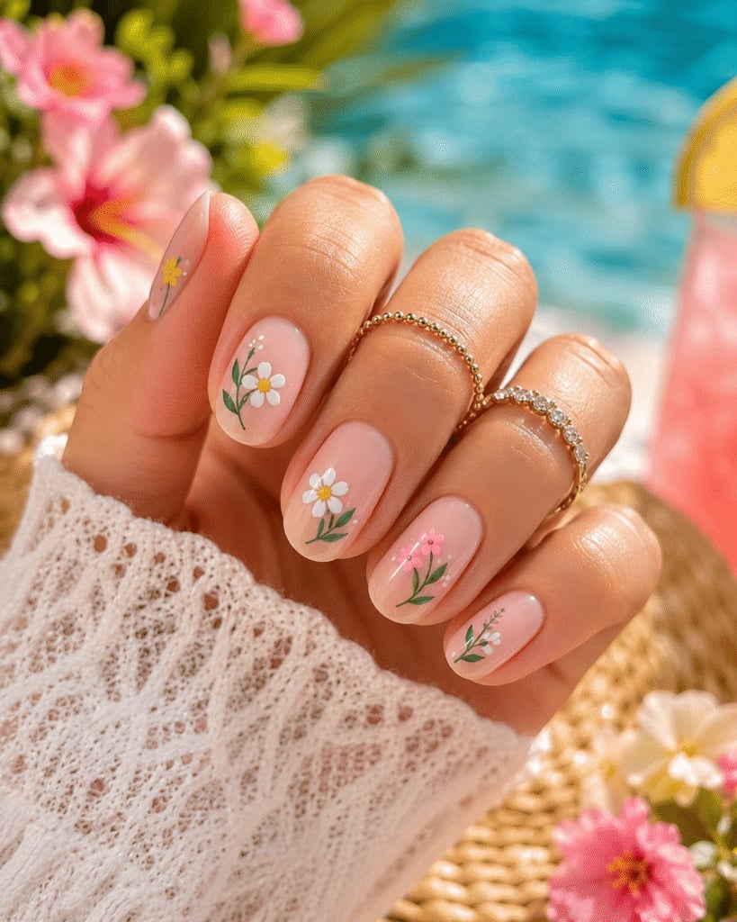 Short Oval Sheer Pink with Dainty Floral Accents Short Oval Sheer Pink with Dainty Floral Accents — Simple Floral Nails