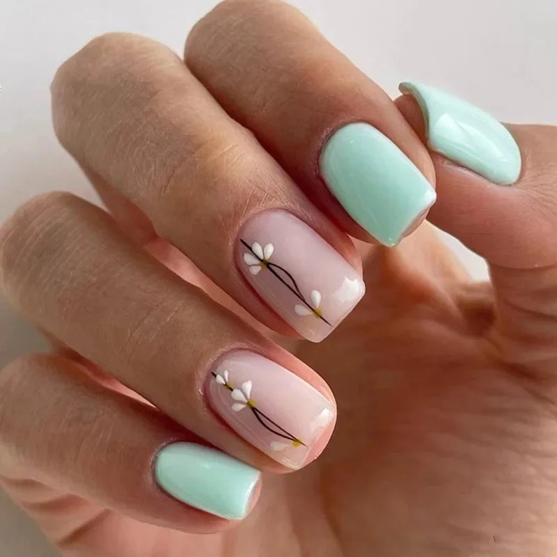 Short Square Sheer Pink with Minimalist Floral Branch Short Square Sheer Pink with Minimalist Floral Branch — Simple Floral Nails