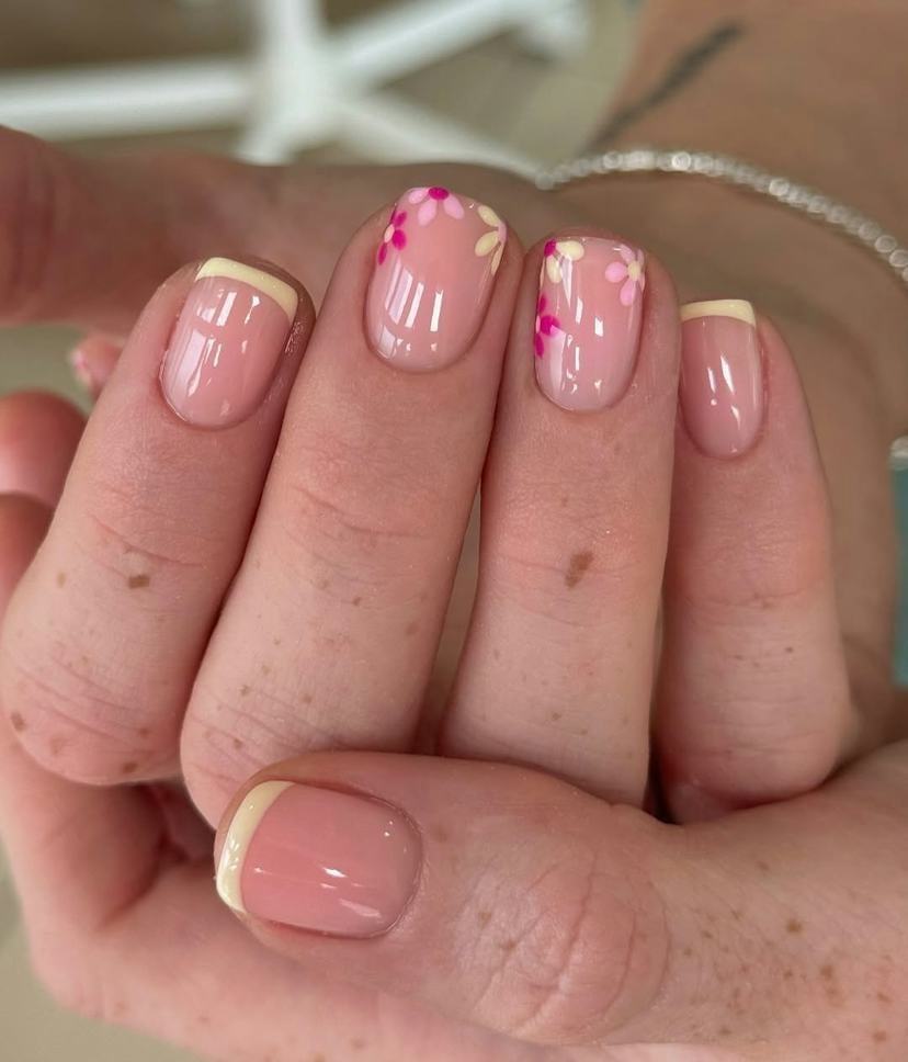 Short Square Sheer Pink with Pink Yellow Floral Accents Short Square Sheer Pink with Pink Yellow Floral Accents — Simple Floral Nails