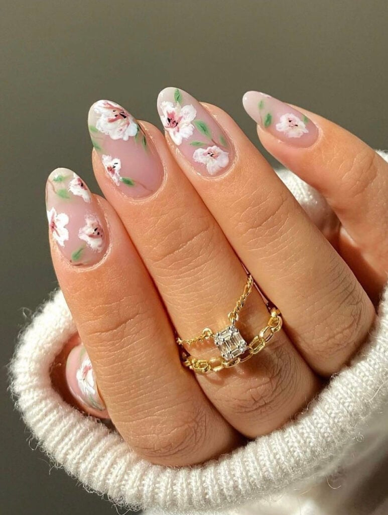 Medium Almond Sheer Nude with Painterly Florals and Cover All Nails Medium Almond Sheer Nude with Painterly Florals and Cover All Nails — Simple Floral Nails