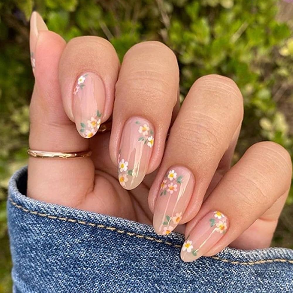 Medium Almond Sheer Nude with Pink Floral Designs Medium Almond Sheer Nude with Pink Floral Designs — Simple Floral Nails