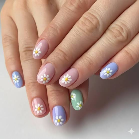 Pastel Nails With White Daisy Accents Pastel Nails With White Daisy Accents — Simple Flower Nails