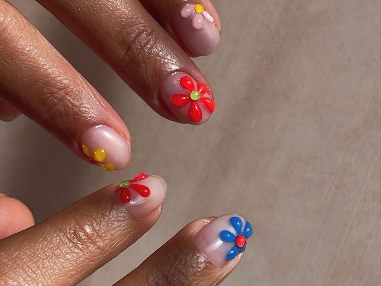 Sheer Nude With Colorful 3D Flower Embellishments Sheer Nude With Colorful 3D Flower Embellishments — Simple Flower Nails